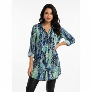Blue and Green Snakeskin Sheer Button Front Tunic